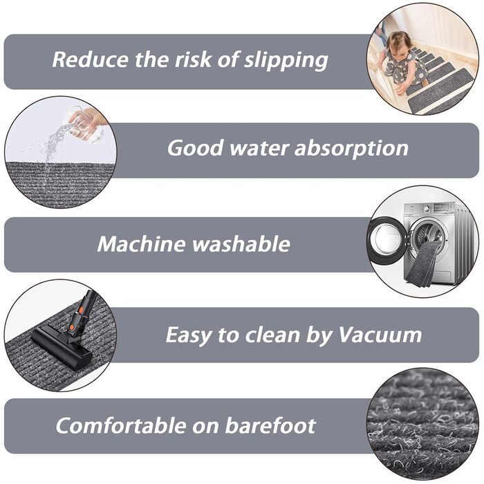 Набір сходинкових килимків MBIGM 15 шт. 20x76 см, самоклеючі, для безпеки дітей, літніх людей та домашніх тварин, сірий
