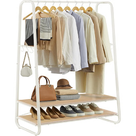 VASAGLE Clothes Rack, Coat Rack, Wardrobe, 2 Shelves, 6 S-Shaped Hooks, Steel Frame, for Bedroom, Hallway, Entrance Area, Cloud White-Matte White RGR112W02 (Oak Color-Cream White)