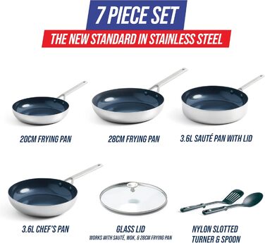 Набір посуду Blue Diamond Cookware 7-частинний з нержавіючої сталі з покриттям Diamant Verstärkte Keramik Antihaft, без PFAS, для індукційних плит, сумісний з духовкою та посудомийною машиною