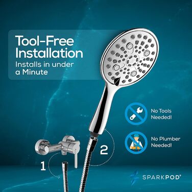 Душова лійка SparkPod з високим тиском, хром, 15 см, XXL, довгий шланг, розкішний дизайн, швидкий монтаж без інструментів