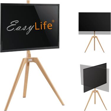 Стійка для телевізора EasyLife з дерева, трипод, для телевізорів/моніторів до 65 дюймів, 40 кг, поворотна, регульована по висоті, з кабелеуправлінням, VESA до 400x400 (Чорний/Бук)