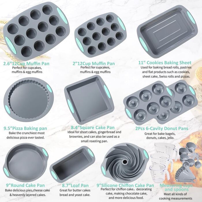 Encounter 30-in-1 Silicone Baking Set - 10 Silicone Baking Molds, Cake Pans, Baking Sheet, Donut Mold, Muffin Mold with Measuring Cups and Spoons