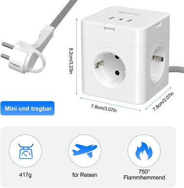 Блок розеток з USB-C, 4 розетки, плоский штекер, індивідуальне вмикання, сплетене кабель 2м для офісу, дому, подорожей - білий