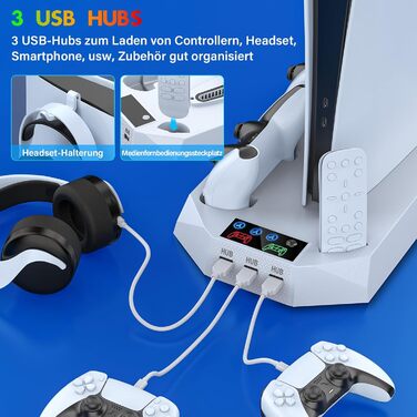 Підставка для PS5 Slim/Pro з зарядною станцією для контролера PlayStation 5 (Disc/Digital), аксесуари PS5 з RGB підсвіткою, вентилятором, тримачем для навушників, USB хабом, чорно-білий (Perlweiß Q311)