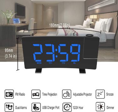 VORRINC Projection Alarm Clock, Digital Alarm Radio with 180° Projection, USB Port, Dual Alarms, Snooze, 12/24H, 3 Projection Brightness with Automatic Dimmer, for Bedroom Ceiling (Blue)