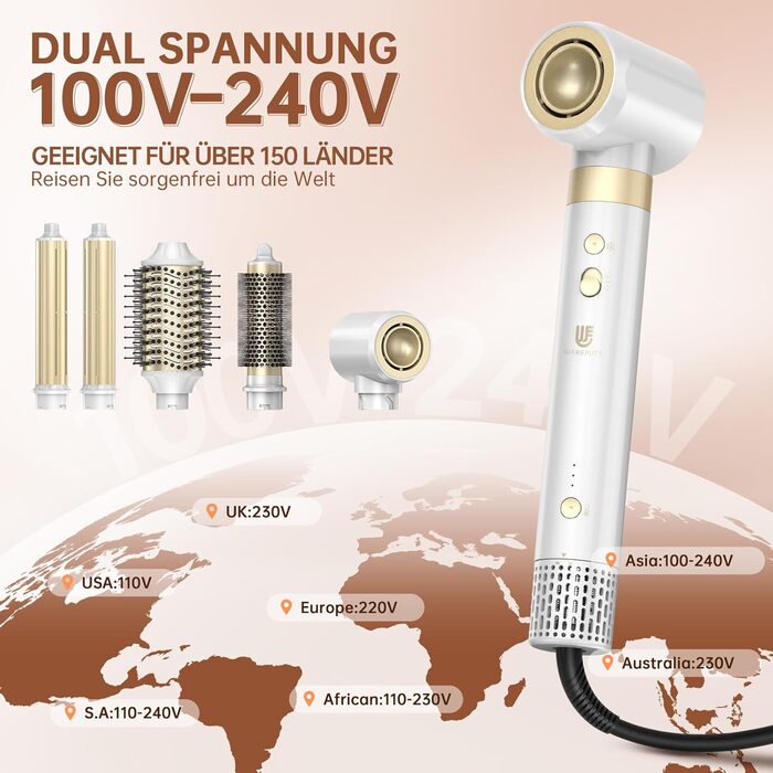 Webeauty Airstyler 7-в-1: фен-щітка, плойка, випрямляч, 110000 об/хв, 25 м/с, 500 млн негативних іонів, білий