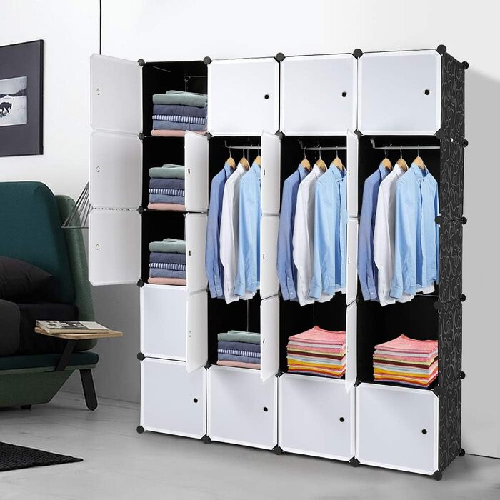 Regal system, 10 cubes, plastic wardrobe with doors, modular cabinet for space-saving storage, 70 x 45 x 175 cm, white door & black cabinet. Storage for clothing, shoes etc. (140 x 45 x 175 cm, White-1)