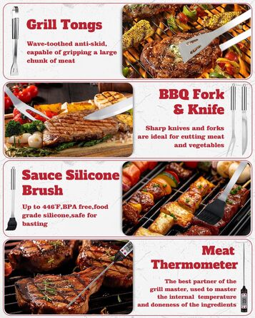 Набір гриль-посуду 11 предметів, 34 см, нержавіюча сталь. Комплектація: щипці, виделка, кейс. Практичний багатофункціональний набір для барбекю, подарунок для чоловіків (срібний)