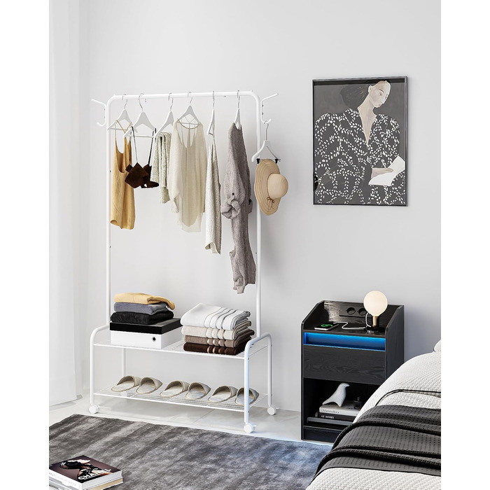 Clothes rack with 2-tier shelf, 3-in-1 design, clothes stand with 4 wheels, coat rack with 4 hooks for bags, GR07499A (White)