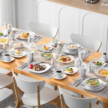 VEWEET FIONA 100-Piece Dinnerware Set, 12 Place Settings, Porcelain Dinnerware Set consisting of dinner plates, dessert plates, soup plates, cereal bowls, coffee cups, coffee mug set, egg cups, milk and sugar set