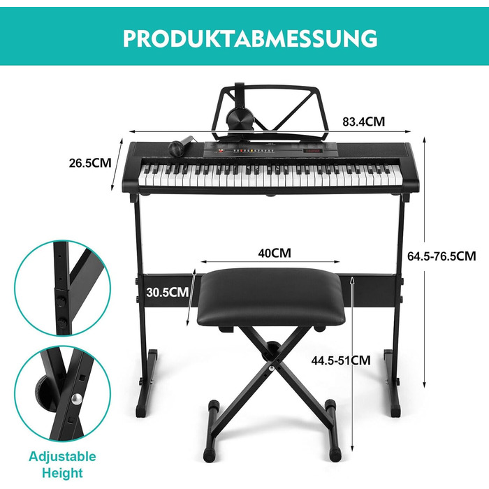 MUSTAR 61-клавішна клавіатура-піаніно для початківців, цифрова клавіатура з підсвічуванням, динаміками, стійкою, табуретом, навушниками, мікрофоном, підставкою для нот, 300 звуків та уроками гри, чорний колір