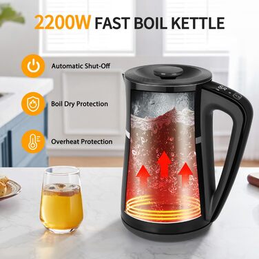 Електричний чайник Aigostar Alva з регулюванням температури 40°C-100°C, 1.7 л, подвійні стінки, Cool Touch, LED дисплей, тихий, бездротовий, з функцією підтримання тепла, 2200W, BPA Free, чорний