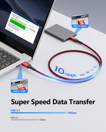 Кабель USB-C SUNGUY 30см, USB Type-C - USB 3.0, 0Gbps, для iPhone, Galaxy, Google Pixel, Android Auto, Huawei, червоний