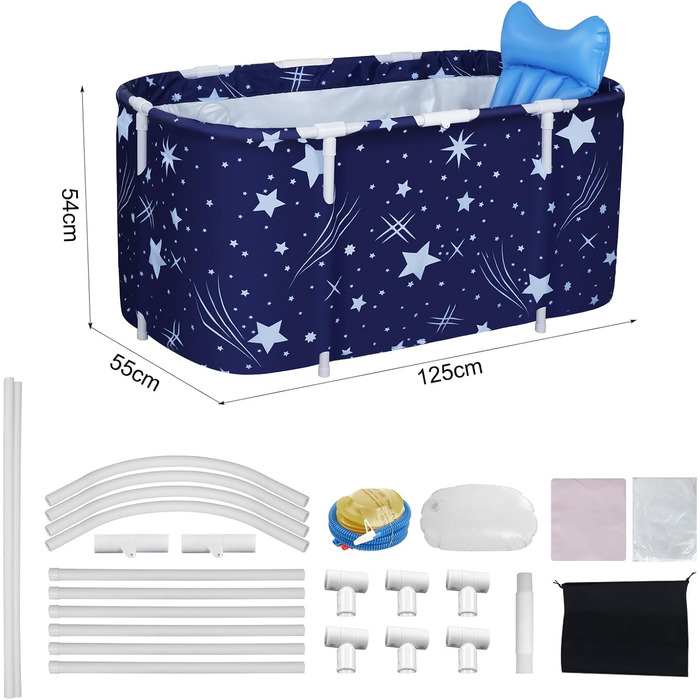 Foldable Bathtub for Adults, 132 x 68 x 47 cm, Steam Bucket for Sauna, Shower, and Ice Bath, Portable, Non-Inflatable (Blue) (Blue)