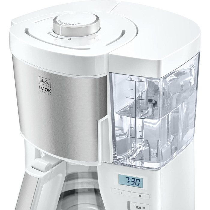 Melitta Look Timer - Filter Coffee Machine - Timer Function - Drip Stop - 10 Cups - White (1025-07) White with Glass Carafe Single