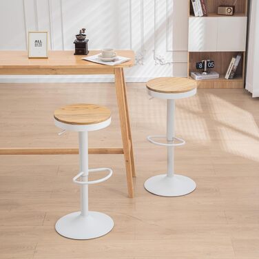 Kidol Adjustable Height Bar Stools 2-Pack - 360° Swivel, Round Wooden Seat on Metal Frame, for Kitchen/Bar/Living Room (White)
