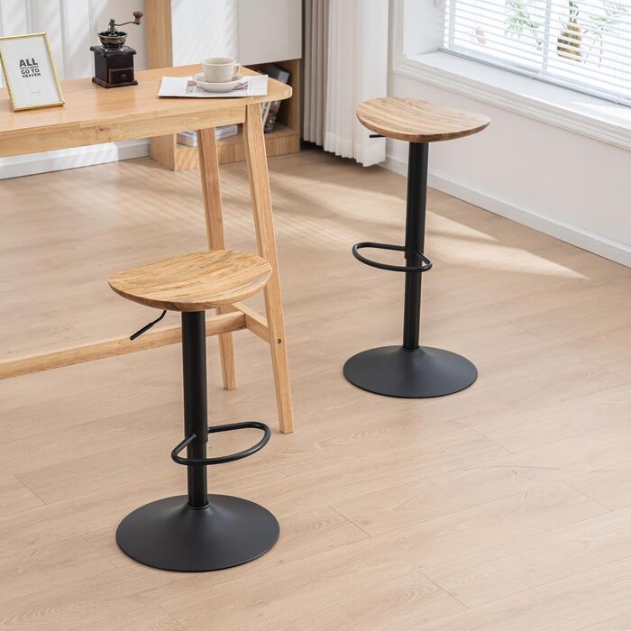 Kidol Adjustable Height Solid Wood Bar Stool with 360° Swivel - Industrial Modern Design for Kitchen Counter - Black