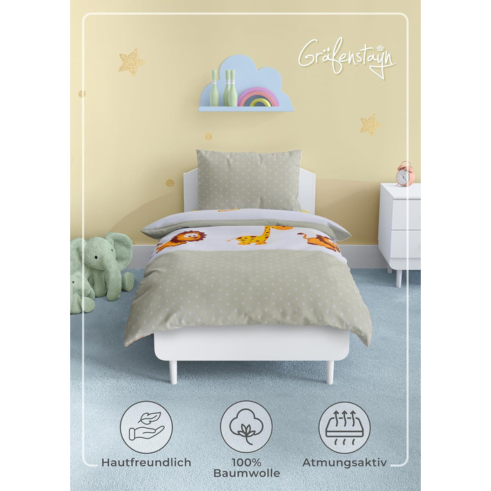 Набір постільної білизни для дітей Gräfenstayn® з тваринами (жирафа, слон, лев) - 100% бавовна (ренфорс) - 135x100 см, 60x40 см