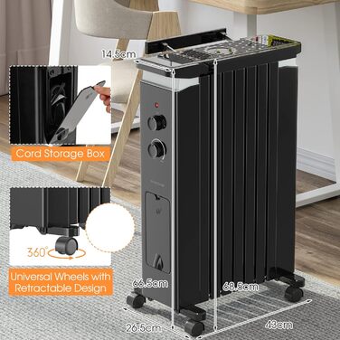 RELAX4LIFE Oil Radiator 1500W, Electric Heater with 7 Fins & 3 Heat Settings & Towel Rail, Electric Heater Energy-Saving, Electric Heater Overheat Protection & Tip-Over Protection, 5-35° C (Black)