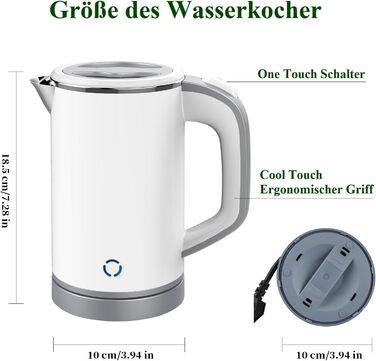 Електричний чайник MiliPow 0.8 л, 600 Вт, для подорожей | З нержавіючої сталі 304 | Швидкий кип'ятіння | Автоматичне вимкнення