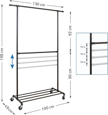 Tatkraft Drago - Stable Clothes Rack, with 2 Clothes Rods, up to 110 kg, Coat Rack, Adjustable, Rolling Clothes Rack, Metal, Black