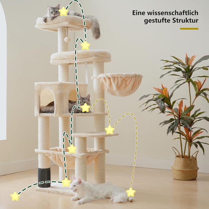 Кігтеточка XXL для мейн-куна, 168 см, з гамаком, сизаловим стовпом (φ11 см), когтеточкою, 2 платформами, будиночком, корзиною, бежева EMPJ01M