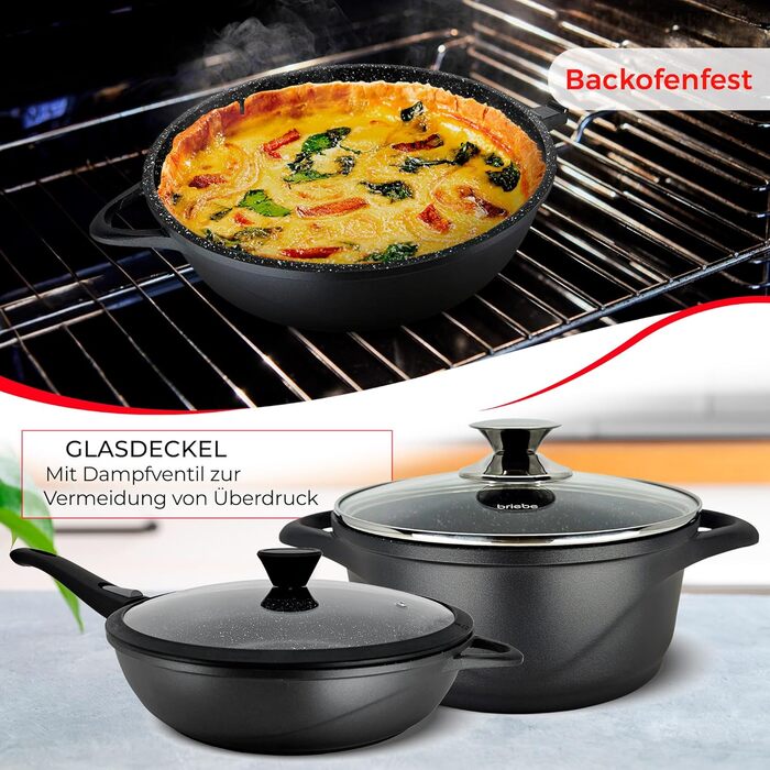 Набір посуду Induktion BRIEBЕ 12-ти частинний: 4 казани з алюмінію, 2 сковорідки з антипригарним покриттям ILAG GRANITEC (без PFOA), кришки зі скла, рукавички з силікону. Підходить для індукційних, газових плит та духовки.