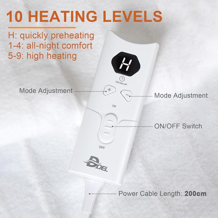 Електрична ковдра DOEL 160x140 см, тепла підстилка для двоспального ліжка з 10 рівнями нагріву, таймер 3/12 годин, машинне прання, 220-230V, 115W, біла