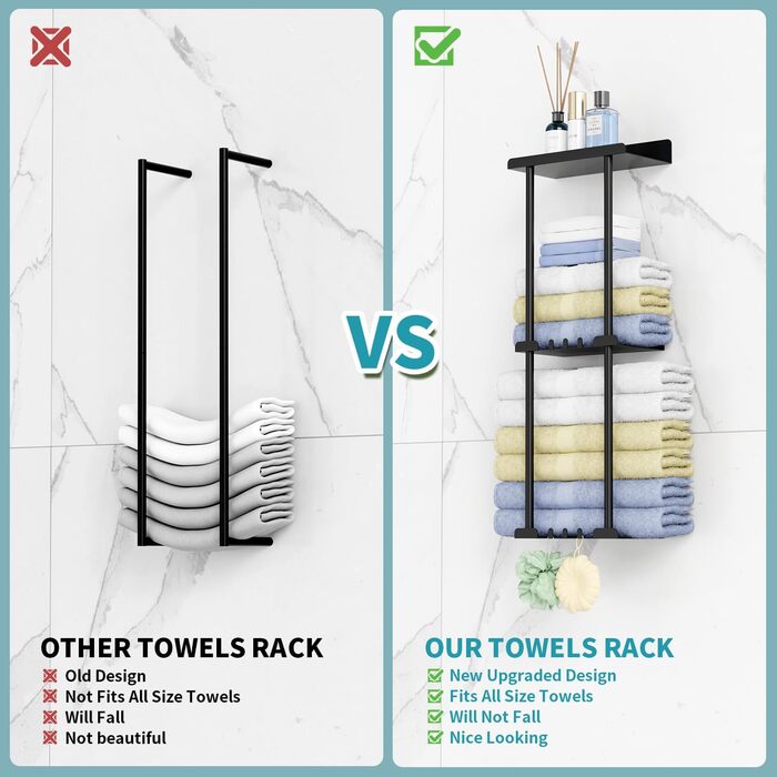 Тримач для рушників без свердління, чорний, з 6 гачками та полицею для ванної кімнати та кухні