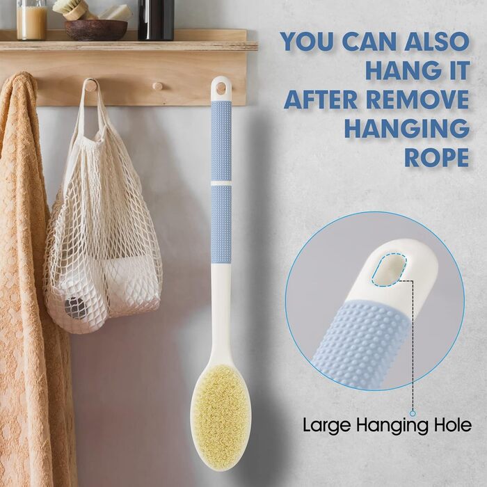 Back Scrubber with Anti-Slip Grip - Long Handle Body Brush for Shower & Bath - Exfoliator with Stiff & Soft Bristles