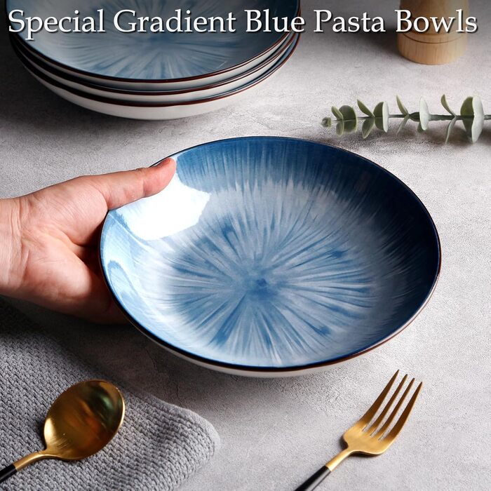 Тарілки для пасти NUTRIUPS 20.5 см, 6 шт. Керамічні тарілки для супу 500 мл, 8 дюймів, мікрохвильова та посудомийна машини, блакитні, набір