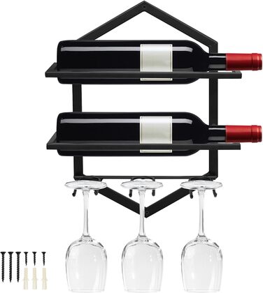 Giyiprpi Metal Wall-Mounted Wine Rack, Hanging Wine Glass Holder Organizer for 2 Bottles and 3 Glasses Included, Wine Shelf Red Wine Shelf for Home Kitchen Bar Display Decor (Black 2) (Black A1)