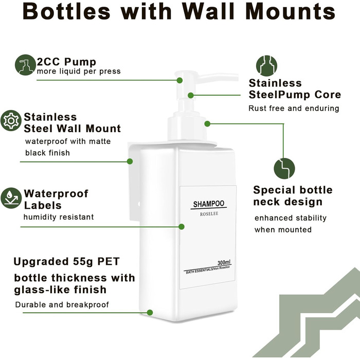 Набір з 3 дозатори для мила Roselee на стіну, без свердління, 500 мл. Дозатори для душу, шампуню та пінної ванни з етикетками для ванної кімнати та кухні (Білий)