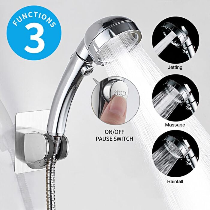 KAIYING Drill-Free High-Pressure Hand Shower with ON/OFF Pause Switch, 3 Spray Modes, Water-Saving Shower Head, Detachable Puppy Shower Accessory (M: Shower Head (Chrome) + Holder + Hose)