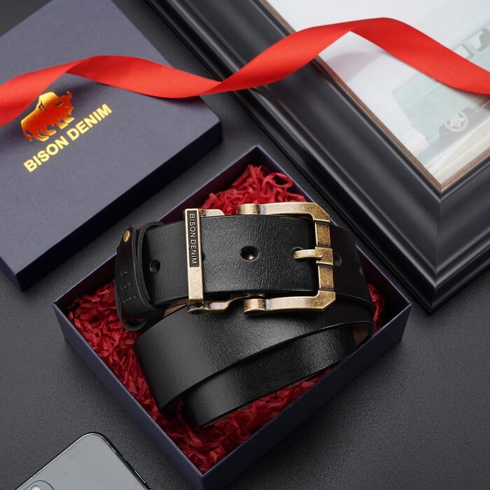 Чоловічий шкіряний ремінь BISON DENIM з класичною пряжкою, міцний, для джинсів, довжина 115 см (підходить для об'єму талії 36-39 дюймів) + ремінь з принтом, довжина 125 см (підходить для об'єму талії 41-43 дюйми)