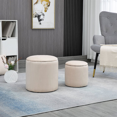 HOMCOM 2-Pack Storage Ottomans with Lid - Footstools with Removable Cover in Corduroy-Look Cream White 40 x 40 x 41 cm | Aosom