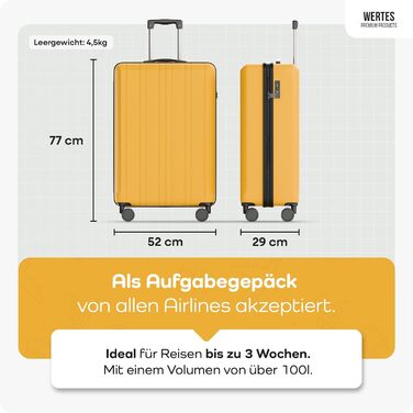 Чемодан великий 100L з TSA замком, жорсткий корпус, подвійні колеса, валіза на колесах (77см, гірчичний)