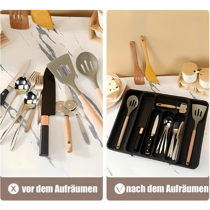 Органайзер для столових приборів в шухляду (28-47.5 см, XXL, чорний) - Розсувний лоток для ложок, виделок, ножів