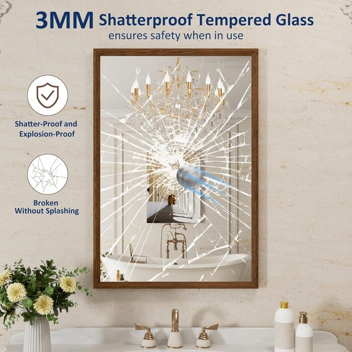 WEER Дзеркало для ванної кімнати чорного кольору з металевим каркасом, 61 x 81 см, прямокутне, з матовим покриттям, з закругленими кутами, з гартованого скла, стійке до корозії