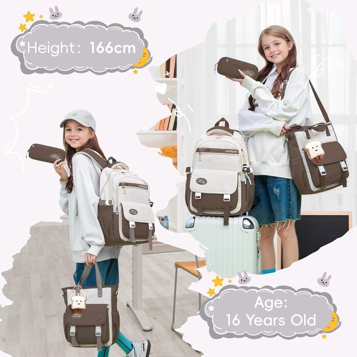 Шкільний рюкзак Tanou для дівчаток-підлітків, набір шкільних сумок з сумкою через плече та пеналом, дитячий рюкзак для школи, повсякденний, зелений (коричневий)