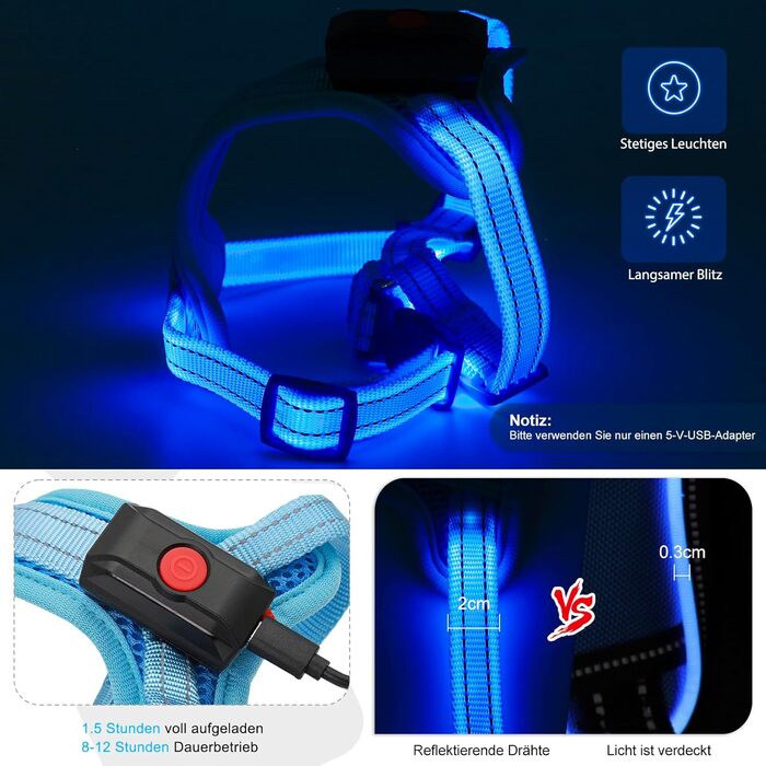 Світловідбиваючий нашийник для собак PZRLit з підзарядкою, для маленьких собак XS, LED нашийник для цуценят, безпечні прогулянки вночі (Блакитний)