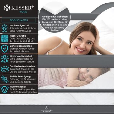 Захисна огорожа для ліжка KESSER 180 см, дитяче ліжечко, складаний бортик, захист від падіння, темно-сіра