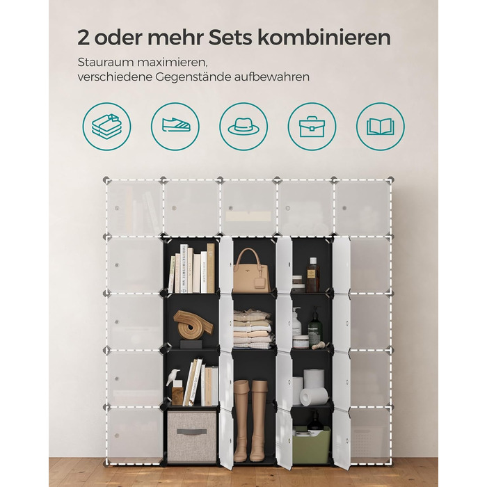 SONGMICS Regal System, Shoe Rack, Set of 16 Cubes, Plastic Wardrobe, with Doors, Plug-in Shelf, Storage for Clothes, Shoes and Books, Easy Assembly, LPC443G01 (12 Cubes (93B x 123H cm), Black)