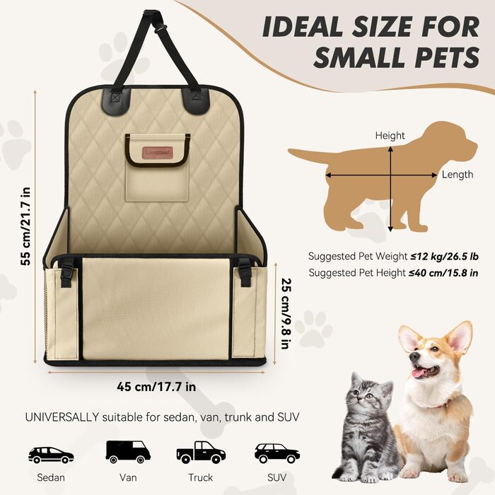 Автокрісло для собак: стабільне, водонепроникне, з підсиленими стінами та ременями безпеки, підходить для собак середніх та малих порід, бежеве