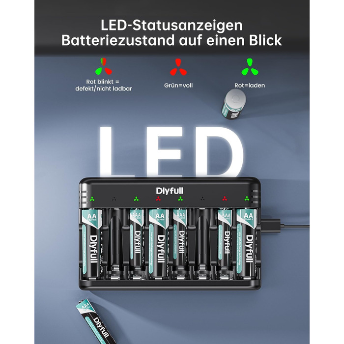 Зарядний пристрій Dlyfull для акумуляторів AAA/AA, 8-канальний зарядний пристрій з LED-дисплеєм, 5V/2A USB-C, для NI-MH/NI-CD, чорний