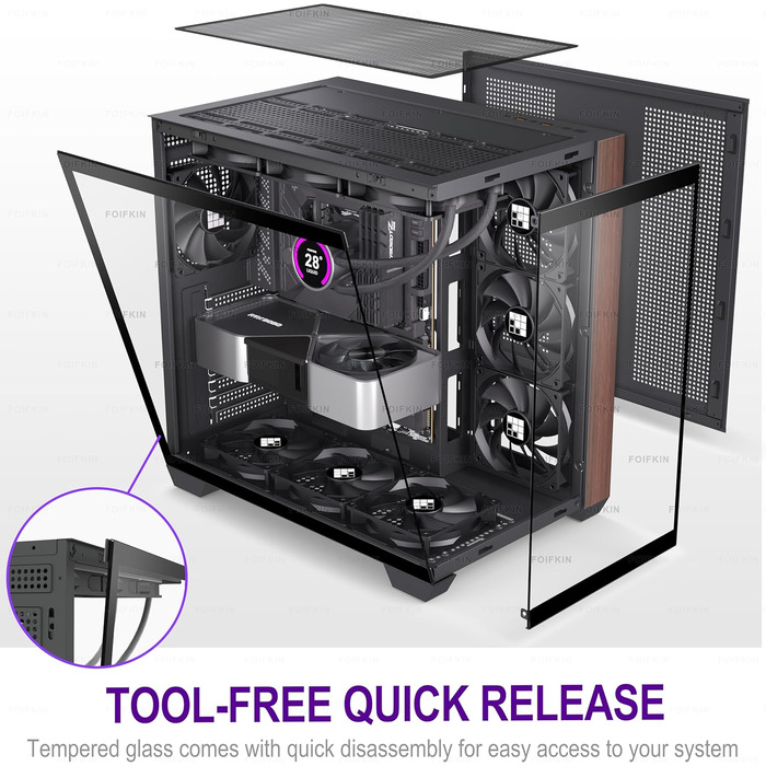 Корпус ПК FOIFKIN M09 ATX з дерев'яною передньою панеллю з горіха, без RGB вентиляторів, Type-C, чорний, Mid-Tower для ігор