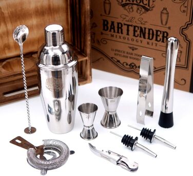 Набір для приготування коктейлів PAVOCI: 11 предметів, шейкер, барменський інструмент з нержавіючої сталі, дерев'яний підставник, аксесуари. Ідеально для дому, бару, професійного використання