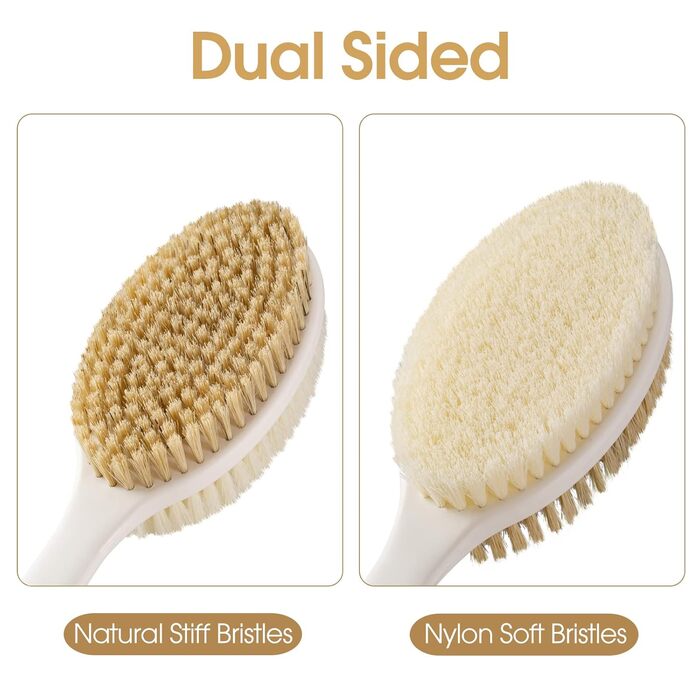 Back Scrubber with Anti-Slip Grip - Long Handle Body Brush for Shower & Bath - Exfoliator with Stiff & Soft Bristles