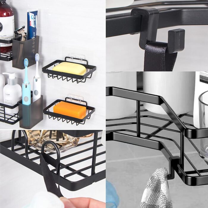 Набір полиць для душу без свердління, 5 шт. Органайзер для ванної кімнати, полиці для душу з нержавіючої сталі, велика місткість, корзинка для душу, тримач для шампуню та гелю для душу для ванної кімнати та кухні (2 прямокутні + 2 контейнери + 1 для зубни
