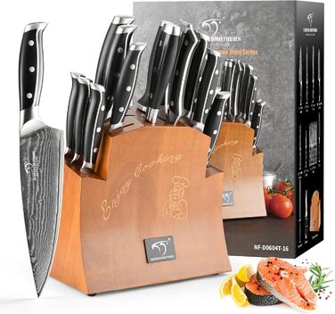 Nanfang Brothers 18-Piece Damascus Kitchen Knife Set with Hammered Handles & Wood Block - Premium Quality Steel Blades
